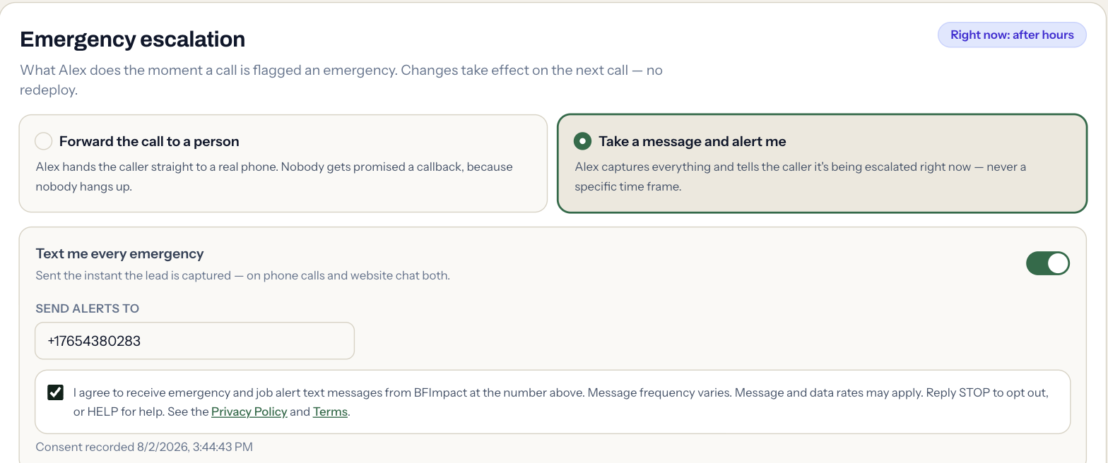 Screenshot of the BFImpact administrative dashboard showing the Emergency escalation panel: a "Text me every emergency" toggle, a "Send alerts to" phone number field, and beneath it an unchecked-by-default consent checkbox stating the full disclosure with links to the Privacy Policy and Terms, plus the recorded consent timestamp.